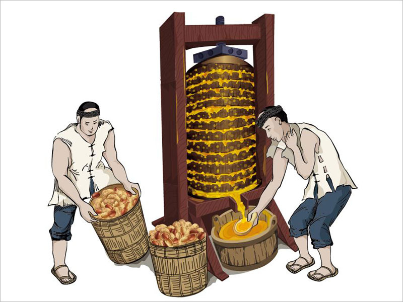 年糧花生油包裝設計中傳統花生油壓榨過程與壓榨場景的插畫